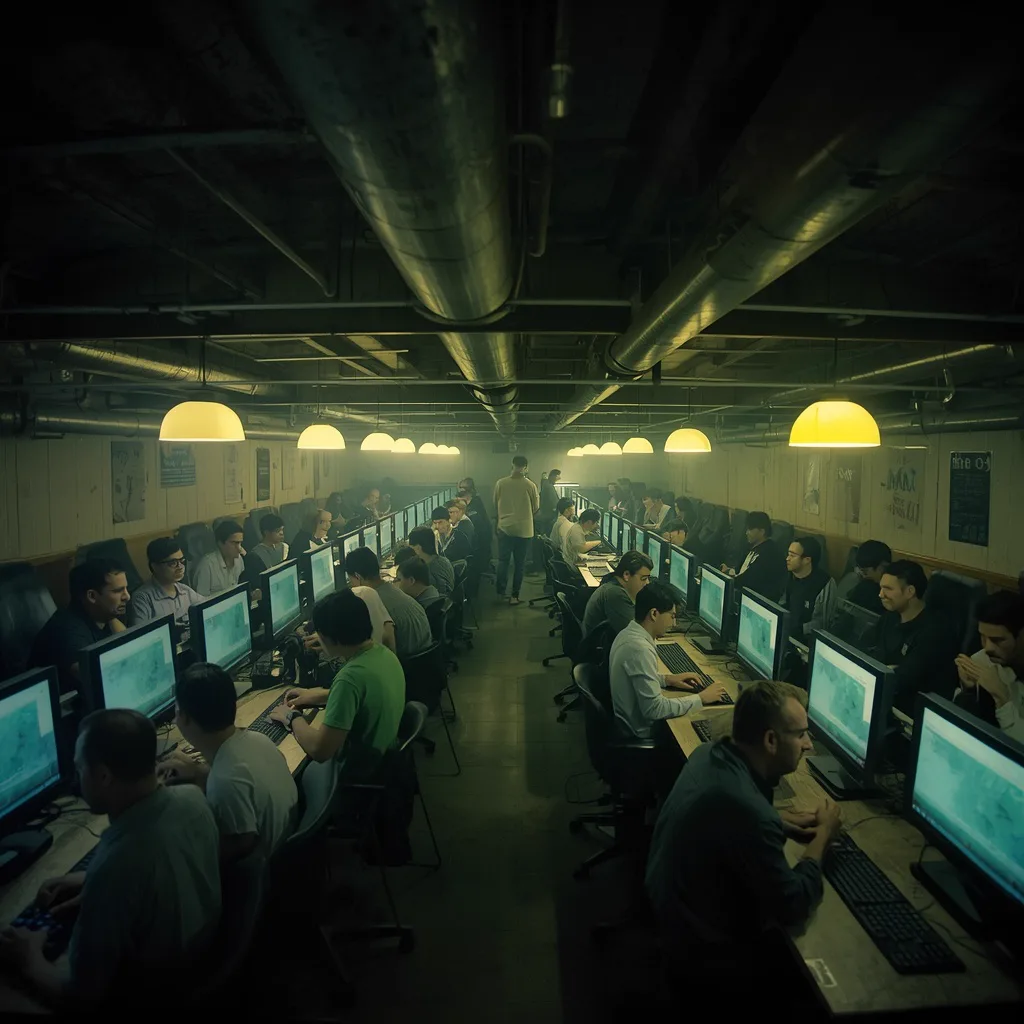Wide evening view of the NOSCOPE hall with rows of players at their stations