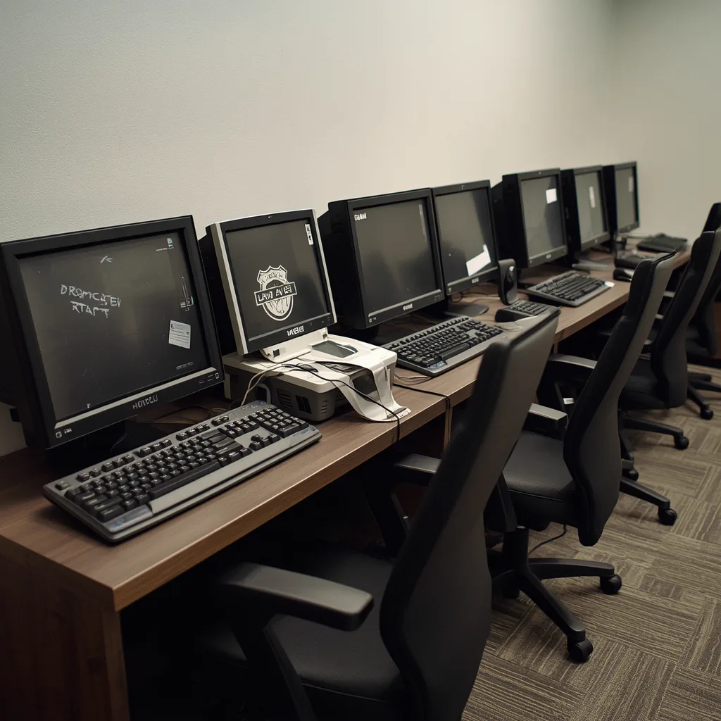 Low-angle view of tidy tower cases and cabling beneath a long station desk